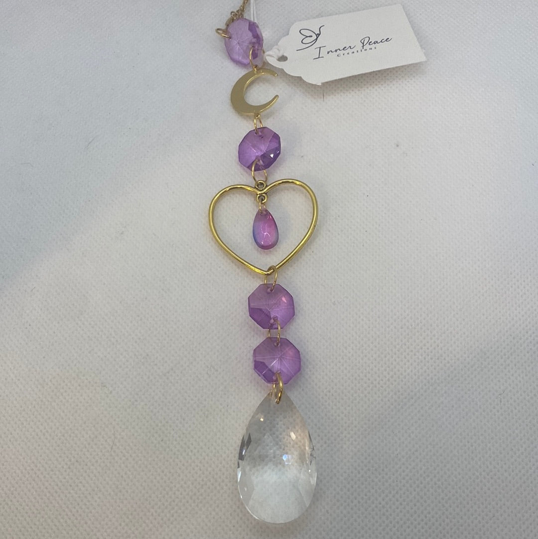 Suncatcher- Heart & Moon, Purple Crystals (Gold)