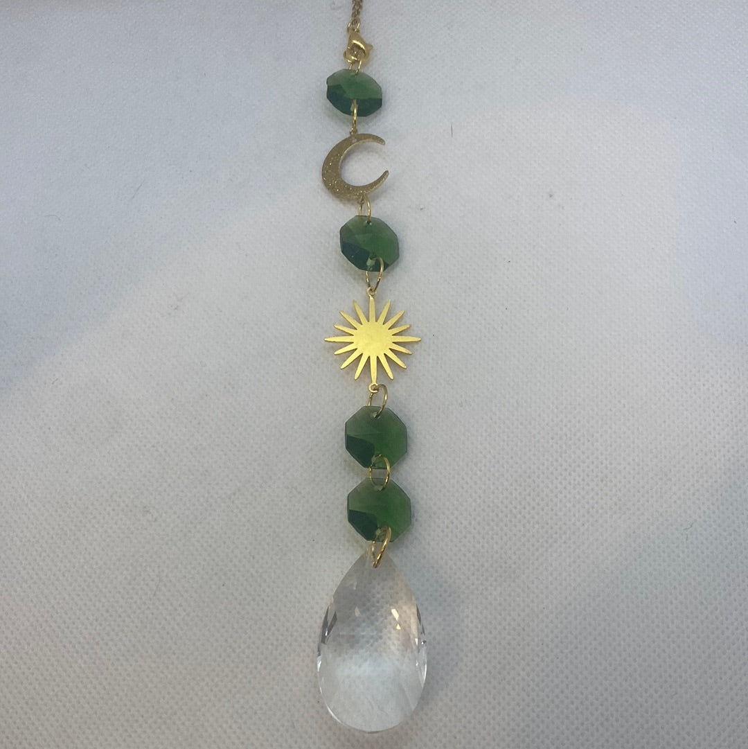 Suncatcher- Sun, Sparkly Moon & Green Crystals (Gold)