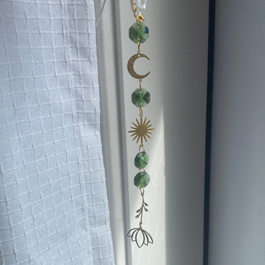 Suncatcher- Sun & Moon, Green Crystals (Gold)