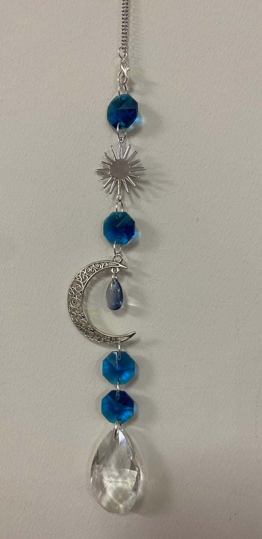 Suncatcher- Crescent Moon, Sun & Blue Crystals (Silver)