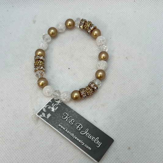 B153-GF Triple Stretch Bracelet- Gold Pave’ Ball, Vintage Gold Pearls, Crackle Beads & Swarovski Crystal Round Beads