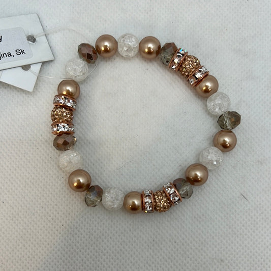 B283-SS Triple Rose Gold pave’ Balls with Rose Gold Pearls, Crackle Balls & Swarovski Crystal Round Beads Stretch Bracelet