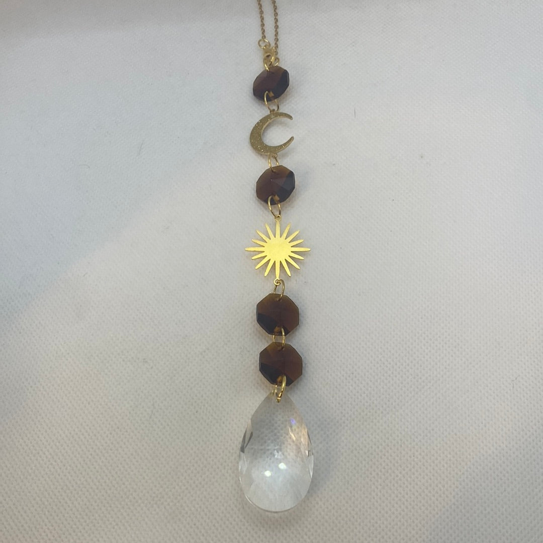 Suncatcher- Sun, Sparkly Moon & Brown Crystals (Gold)