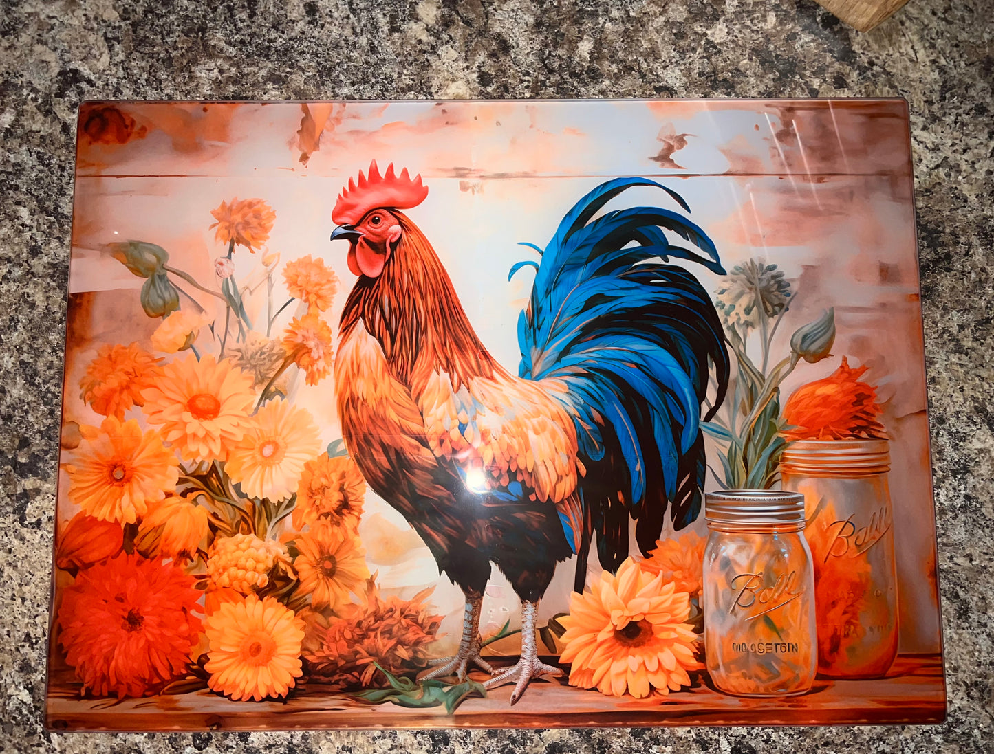 Glass Cutting Board-Rooster With Sunflowers
