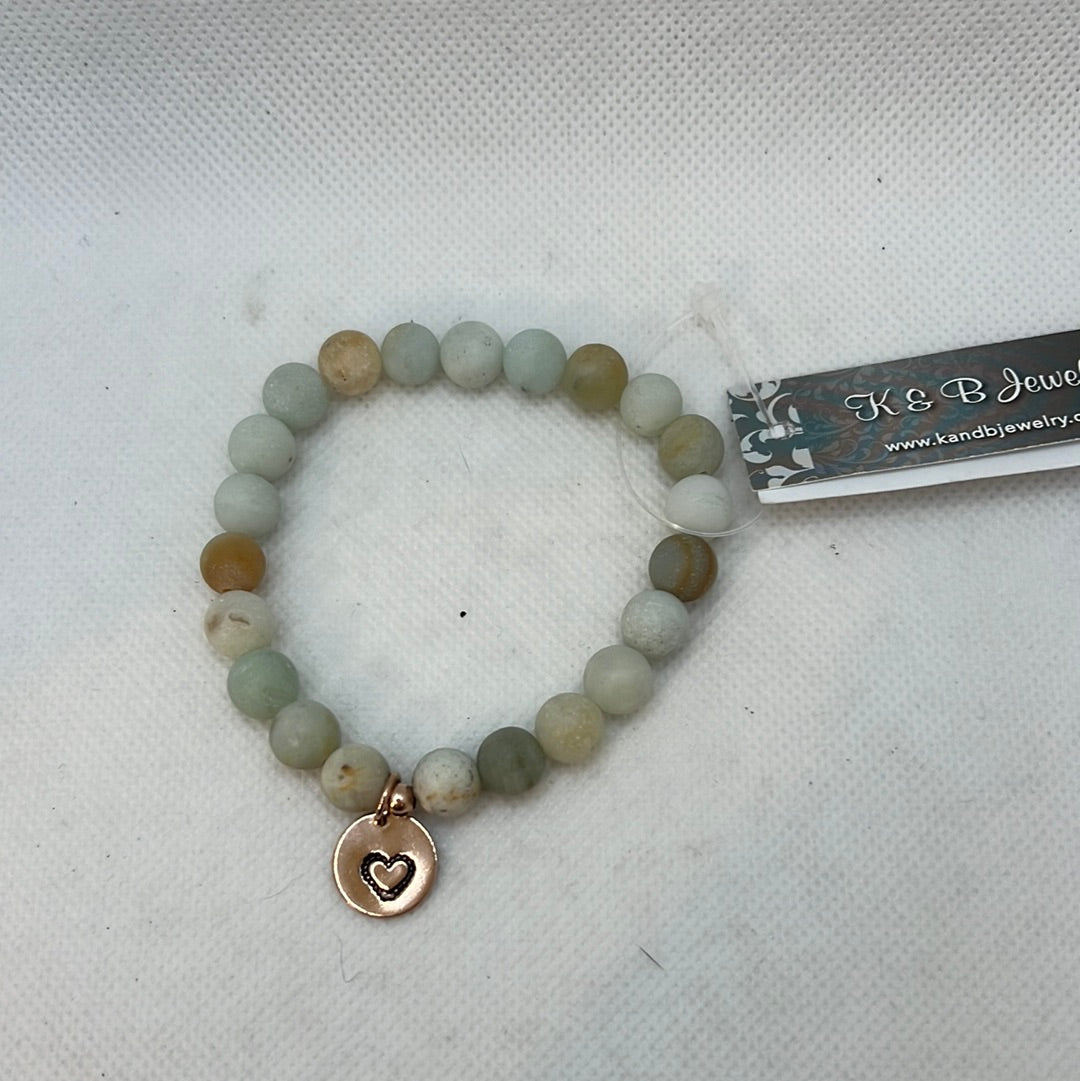 B119-RG 8mm Amazonite with Hand Stamped Heart Dangle Stretch Bracelet
