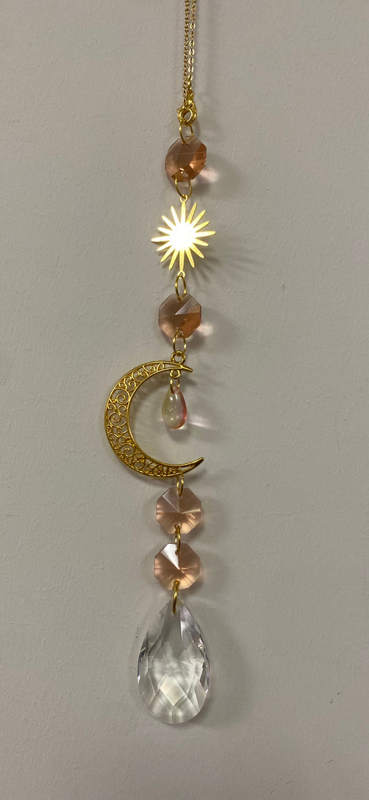 Suncatcher- Crescent Moon, Sun & Pink Crystals (Gold)