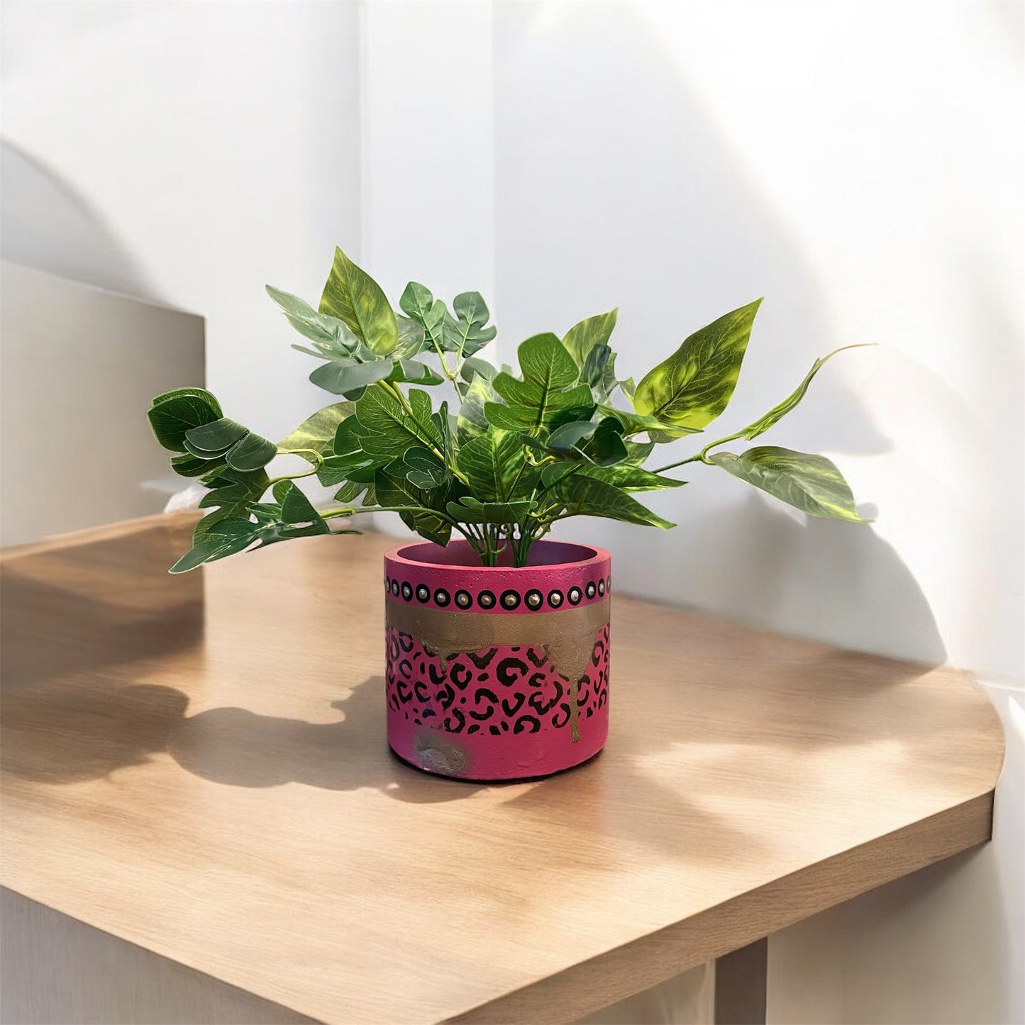 Round Concrete Planter (pink & gold with black leopard) plant not included