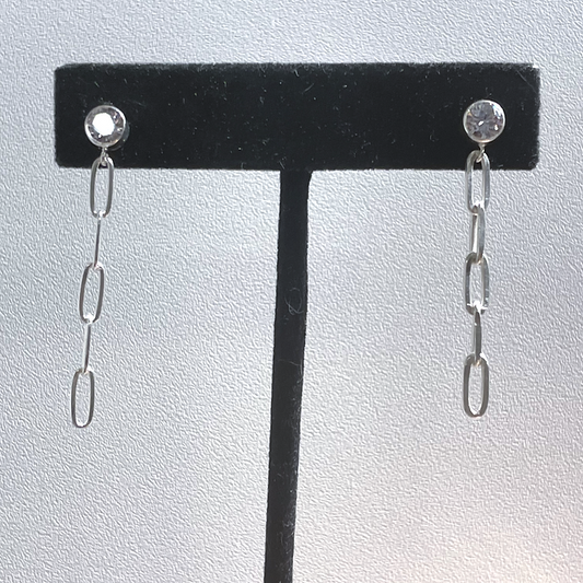 EST-235-SS CZ Studs/SS Paperclip Chain Earrings