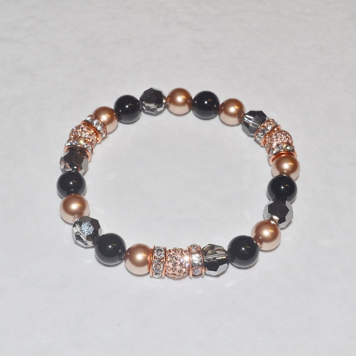 Triple RG Pave’ Ball/RG Pearl/ Black Onyx Beads Stretch Bracelet