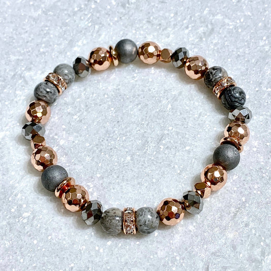 B089-RG Sesame Jasper/RG Hematite Stretch Bracelet