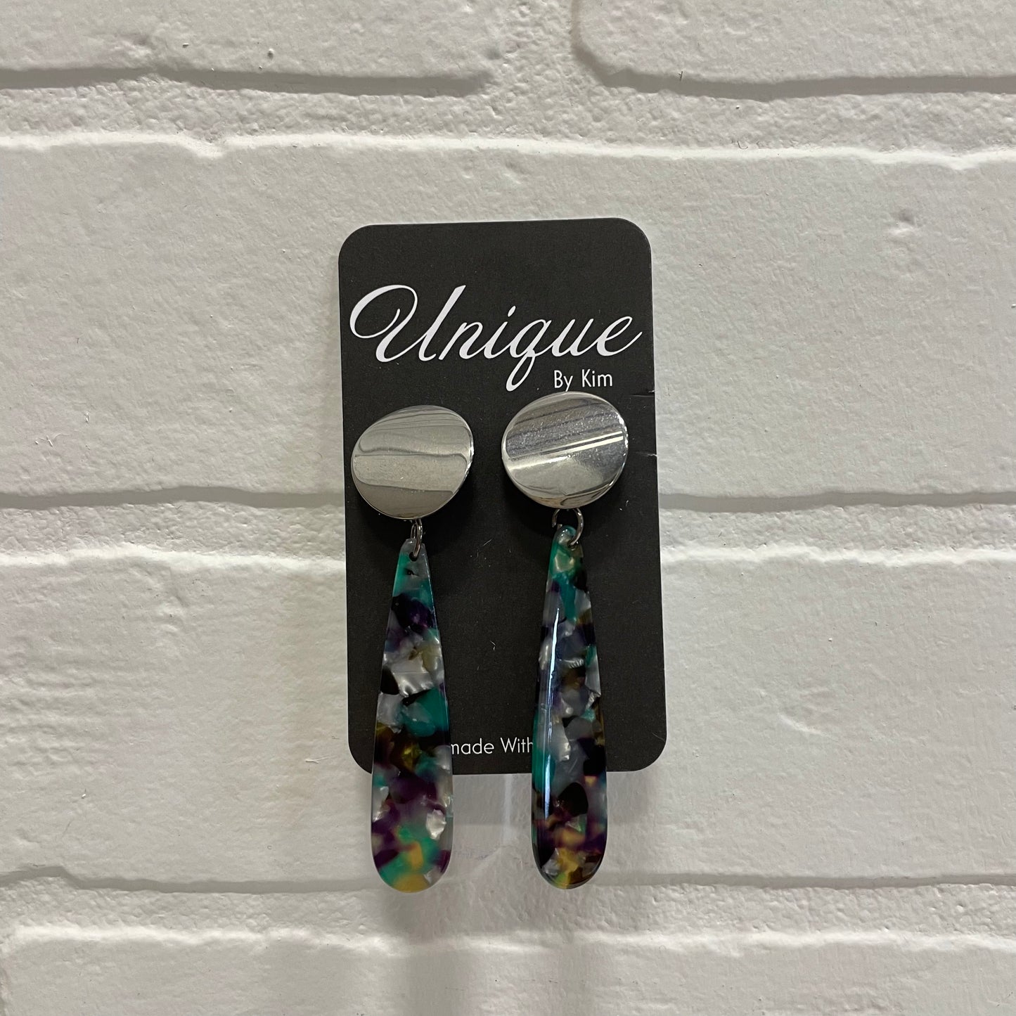 Acrylic Dangle Earrings - Multicolour Bar Silver Button