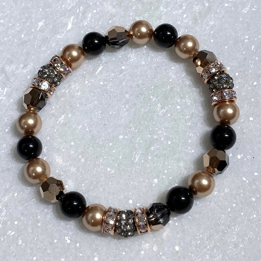 B104-RG Triple Black Diamond Pave’ Ball & RG Pearl Bracelet